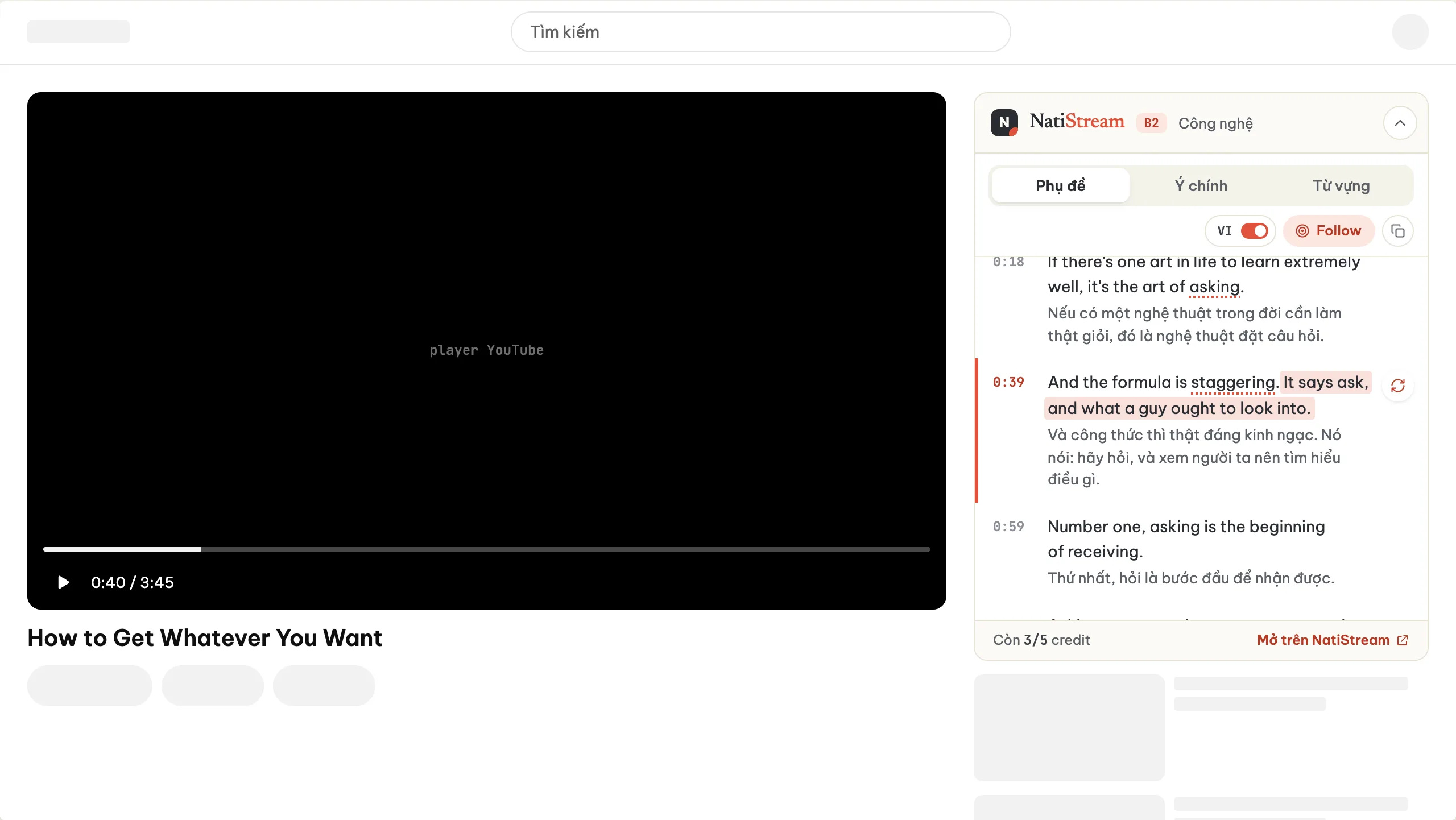 Panel phụ đề song ngữ NatiStream nằm cạnh video YouTube